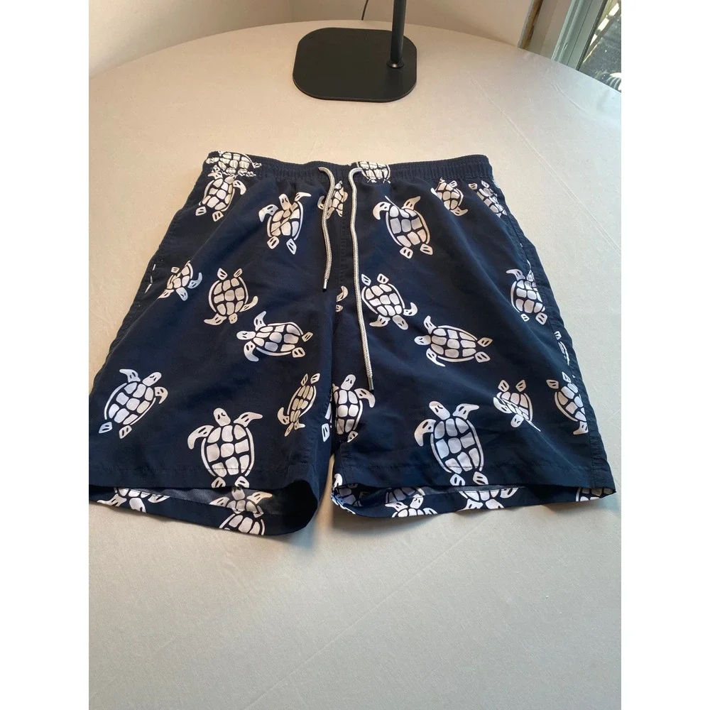 Navy Blue Sea Turtle Print Swim Trunks Mens Mesh Lined Board Shorts
